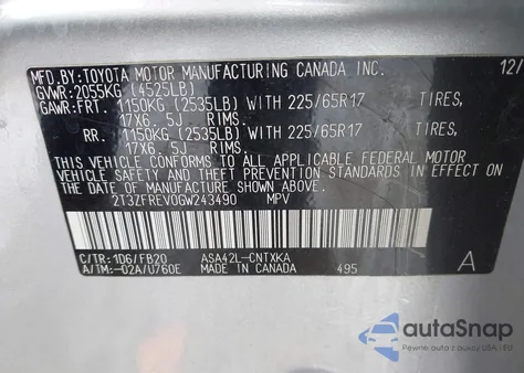 2016 Toyota Rav4 Le z USA, uszkodzony, nr VIN 2T3ZFREV0GW243490